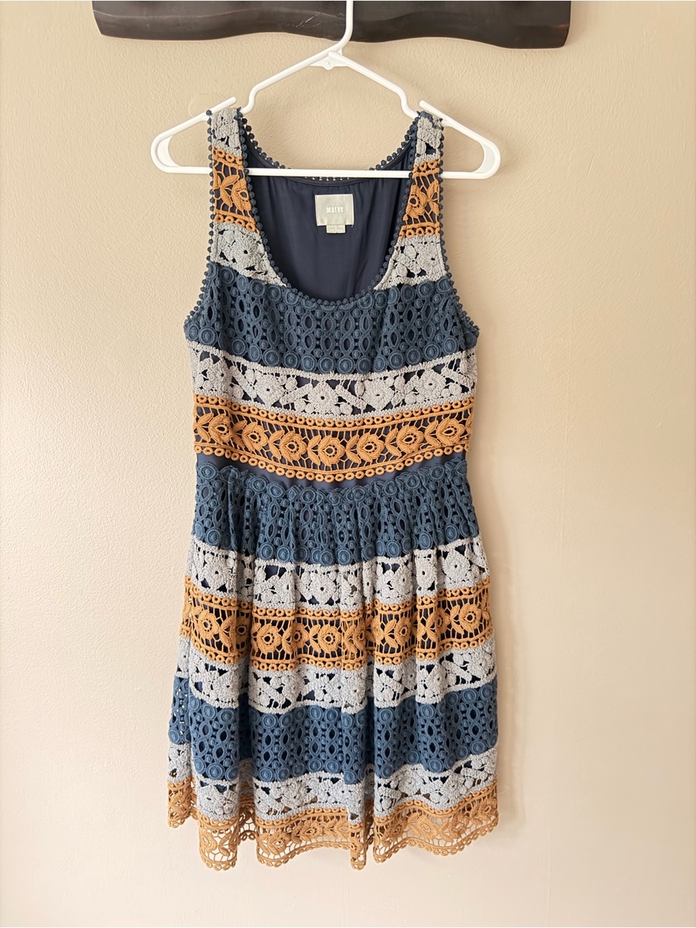 Maeve Navy, Cream & Tan Crochet Fit-and-Flare Dress
